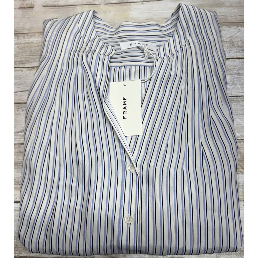 FRAME 100% Silk‎ Women's Powder Multi Striped Popover Blouse Size large NWT